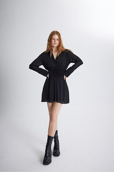 FASHION COCKTAIL Shirt Style Button-Down Collar Sitting Waist Sheer Top Flared A-Shape Skater Chiffon Evening Gown