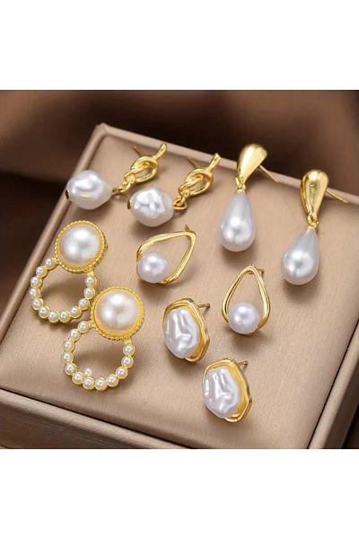 Eva Flore 5 Pairs Vintage & Pearl Earring Set -, Earring Set