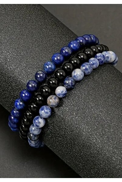 NBS Beautiful Naturel Stones طقم مزيج للرجال - 3 أساور أنيقة من الحجر الطبيعي، اللازورد، العقيق، الصوداليت 6 مم أنيقة