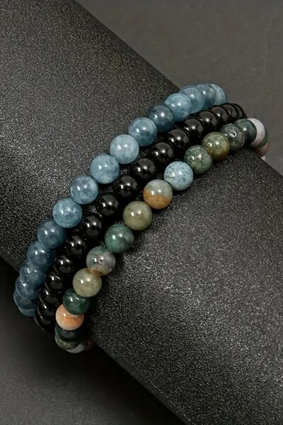 NBS Beautiful Naturel Stones مجموعة أساور أنيقة للجنسين مكونة من 3 قطع من الحجر الطبيعي الزبرجد، حجر الدم، الجزع العقيق 6 مم أنيقة