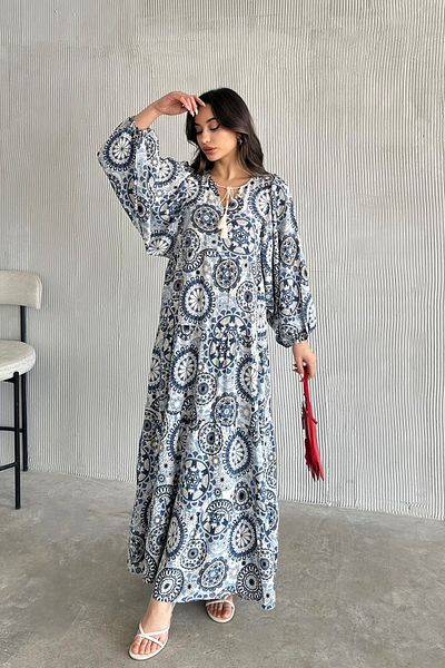 ASEDE 100% Viscose Bohemian Alaçatı Dress Collar Tie-Up Patterned Viscose Dress Suitable for Hijab Dress
