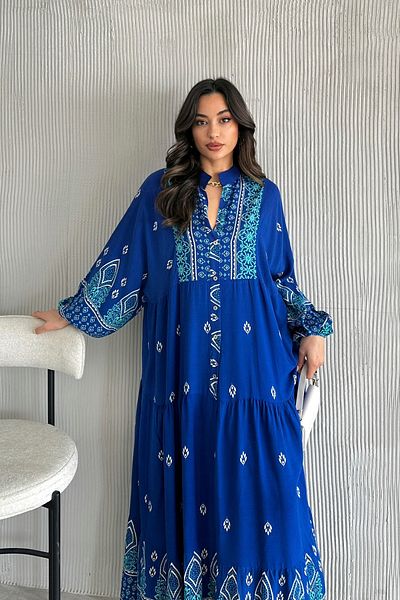 ASEDE 100% Viscose Bohemian Alaçatı Dress Buttoned Patterned Viscose Dress Suitable for Hijab Dress