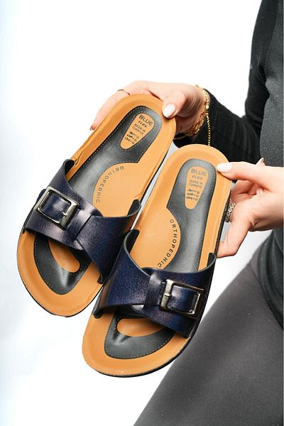 PUREFY Navy Blue Buckle Evening Dress - Stylish Summer, Sea and Beach Dowry Guest Slippers, Orthopedic Anatomical