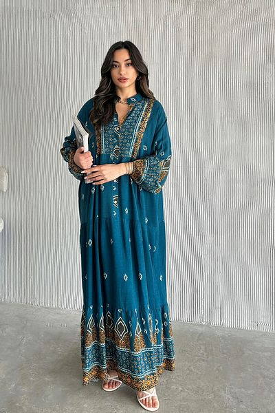 ASEDE 100% Viscose Bohemian Alaçatı Dress Buttoned Patterned Viscose Dress Suitable for Hijab Dress