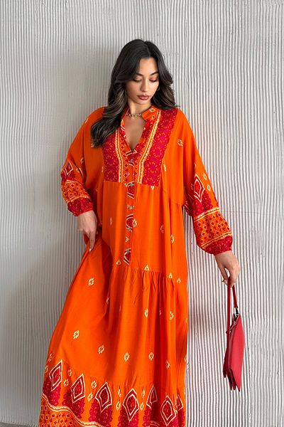 ASEDE 100% Viscose Bohemian Alaçatı Dress Buttoned Patterned Viscose Dress Suitable for Hijab Dress