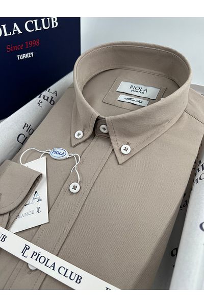 Piola Club Ανδρικό πουκάμισο με γιακά με κουμπιά Slim Fit Gabardine χωρίς τσέπη (μπεζ)