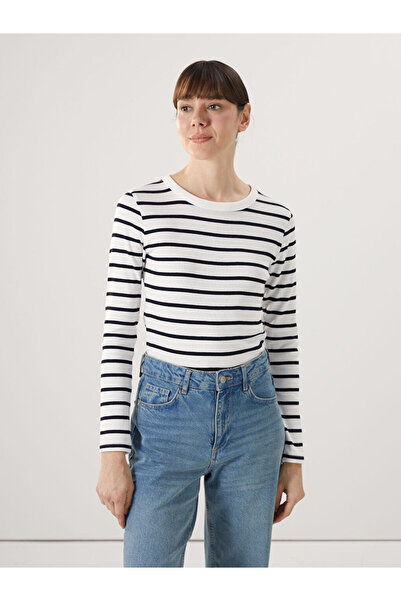 LC Waikiki Ecru Crew Neck Striped Women's Ribbed Bodysuit
