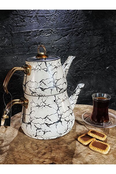 Sara Mutfak Eşyaları Granit Çaydanlık Beyaz Mermer Desenli