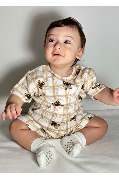 Drop Kids Mother and Child Combination Pajama Set Ekoze Teddy Bear Pattern Short Sleeve Shorts
