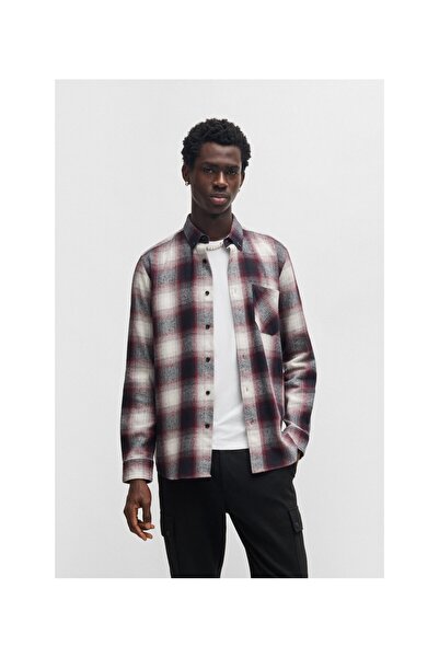 HUGO Fırçalanmış kareli pamuklu rahat kesim gömlek