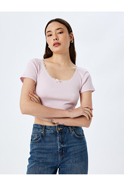 Koton Κοντομάνικο μπλουζάκι με φιόγκο Crop U-λαιμόκοψη