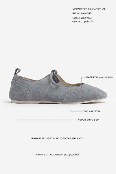 NİŞANTAŞI SHOES Tokyo Stone Gray Genuine Suede Single Band Flat Sole Women's Ballerinas