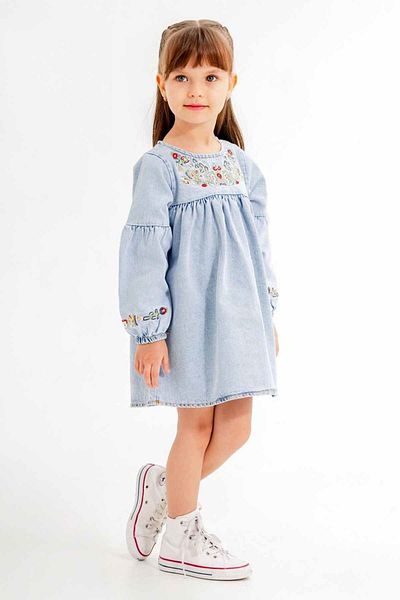 Minigimin Cicileri Flowers of My Toddler Floral Embroidery Detail Denim Dress Girls - Light Blue