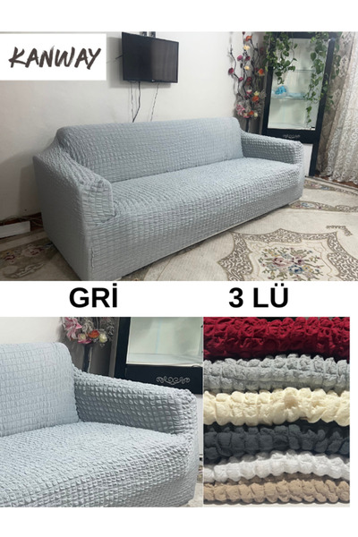 kanway Bürümcük 3kişilik Koltuk Örtüsü Boydan Eteksiz Streç Esnek lastikli Çe...