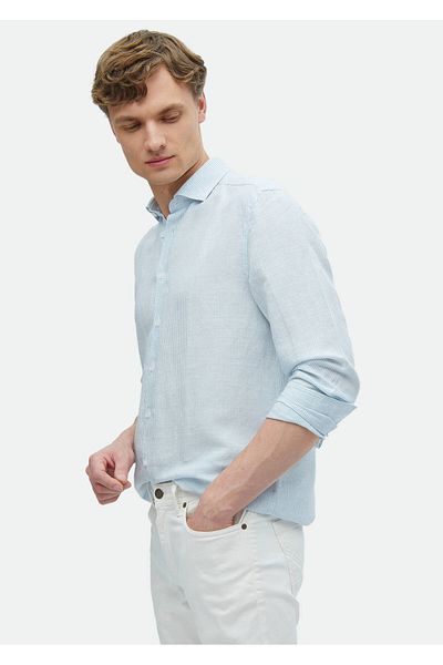 Ramsey Blau gestreiftes Regular Fit-Hemd aus gewebtem Leinengemisch
