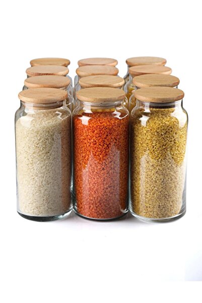 BERRY 12-Piece Wooden Lid Jar 1300 Cc Glass Storage Container