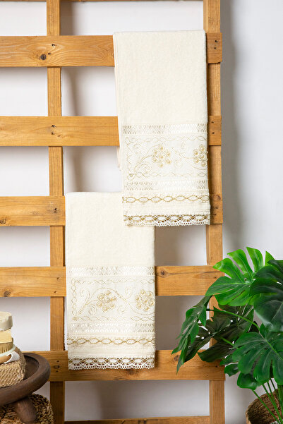 FAVORA 100% бавовняні весільні рушники з мереживом, 2 шт., 50x90 - кремові