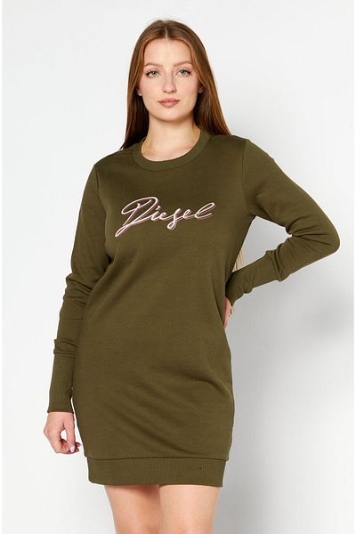 Diesel Women Crew Neck Long Sleeves Brand Logo Sweater Dress, Olive