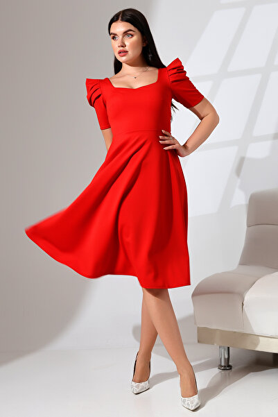 Rokka Moda Omzu Yüksek Detaylı Midi Elbise