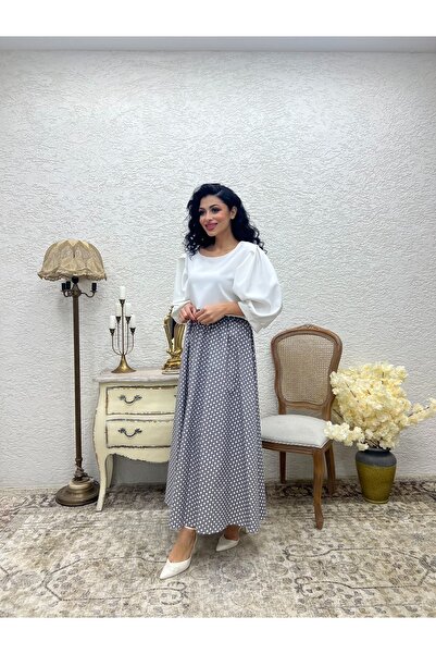 KÜÇÜĞÜM BUTİK Polka Dot Gray Color Flared Poplin Skirt