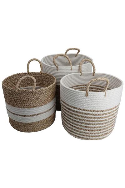ALSAIF Cotton Baskets Set 29 X 35 X 37 Cm Round With Handle 3 Pieces Beige