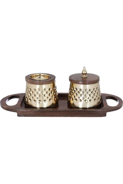 ALSAIF Steel Incense Burner And Incense Box Set With A Wooden Base And Two Handles 3 Pieces Gold