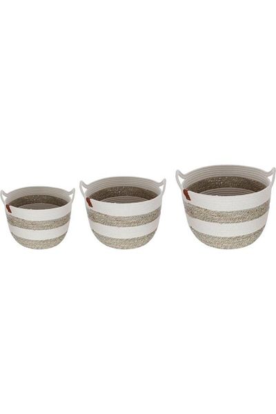 ALSAIF Wicker Baskets Set 40X40X30 / 35X35X25 / 30X30X20 Cm Deep Round With Handle 3 Pieces Beige / White
