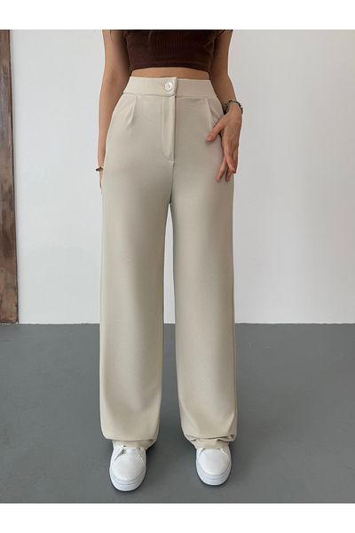 BİKELİFE Women's Beige Lycra Palazzo Loose Wide Leg Trousers