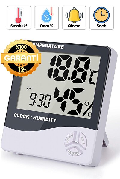 Telvesse Termometre Nem Ölçer Alarm Saat Ekranlı Oda Sıcaklık Ölçer Duvara Uy...