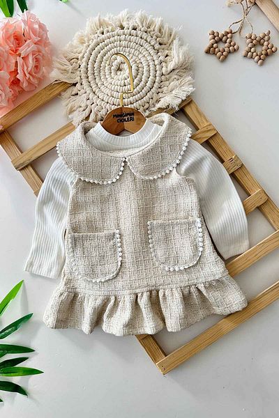 Minigimin Cicileri My Mini's Tweed Baby Collar Girl's Gilet Set - Cream