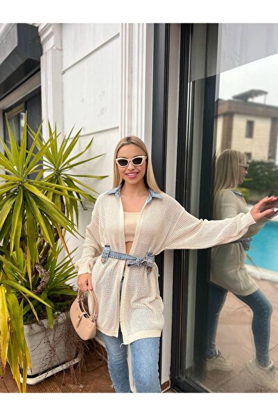 For Angels Джемпер з довгими рукавами, з денімовим поясом і ажурною обробкою