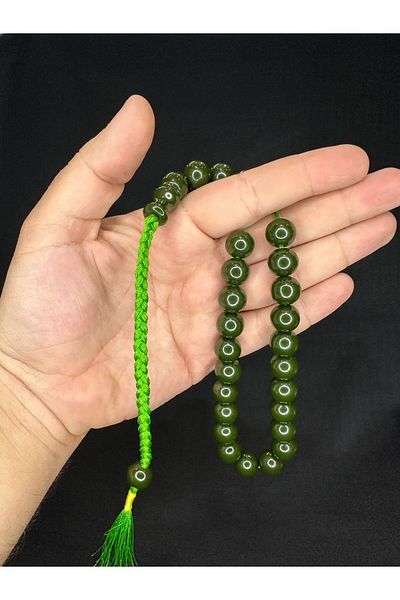 Anemore Collection Special Gift for Lover Crimping Stick Amber Rosary Dark Green Color Sphere Cut 13 mm H-1600.