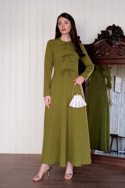 Ceylan Otantik Oil Green Bow Detail Dress