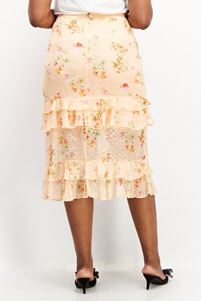 Dark Pink Women Ruffle Detail Allover Print Midi Skirt, Orange Combo