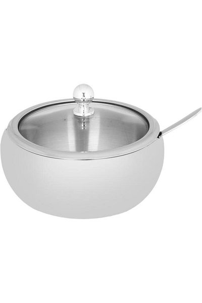 ALSAIF Sugar Bowl With Glass Lid And Spoon 460 Ml 9 X 9 Cm Silver