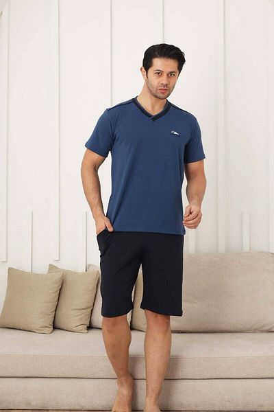 bie's Men's V-Neck Button-Free Lycra Combed Cotton Short Sleeve Pocket Shorts Pajamas Set