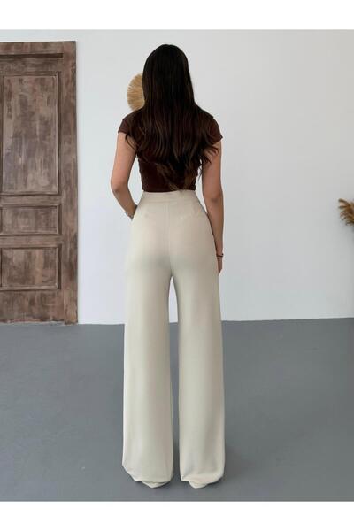 BİKELİFE Kadın Bej Likralı Palazzo Salaş Geniş Paça Pantolon