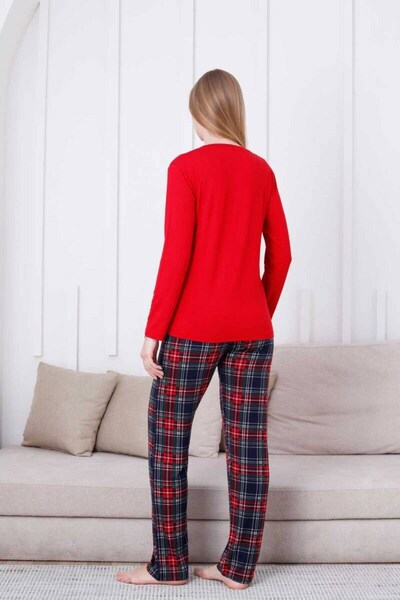 ALİMER Women's Red Plaid Pattern Crew Neck 3-Button Viscose Long Sleeve Seasonal Pajamas Set with Pockets