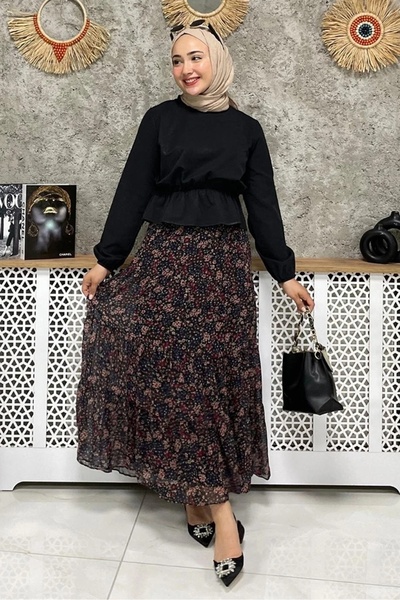 Bestenur Waist Drawstring Crew Neck Monza Blouse 1337 - Black