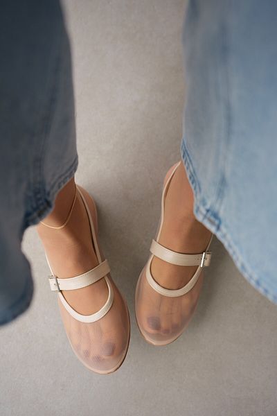 selinshoes Melon Oval Toe Tulle Detailed Women's Flat Shoes - Ekru