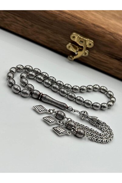 ejder Gümüş İşlemeli Kuka Tesbih 7x9 mm Beyzi Kesim Çeşmi Bülbül Modeli Gümüş...