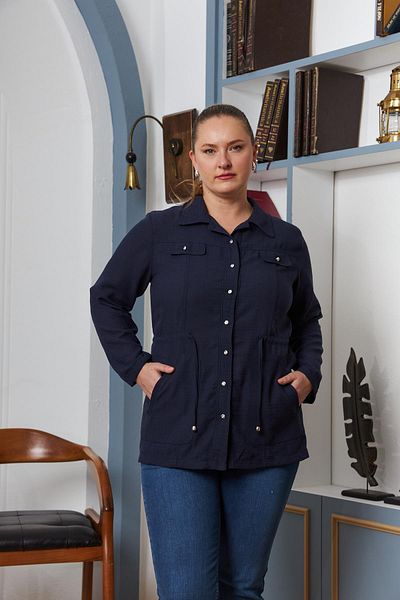 RMG Large Size Navy Blue Linen Jacket with Waist Lace Detail