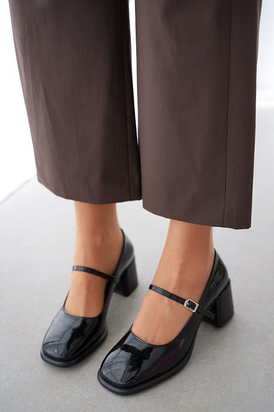 selinshoes Camelia Black Patent Leather - Low Heel Shoes with Oval Toe and Tape Detail