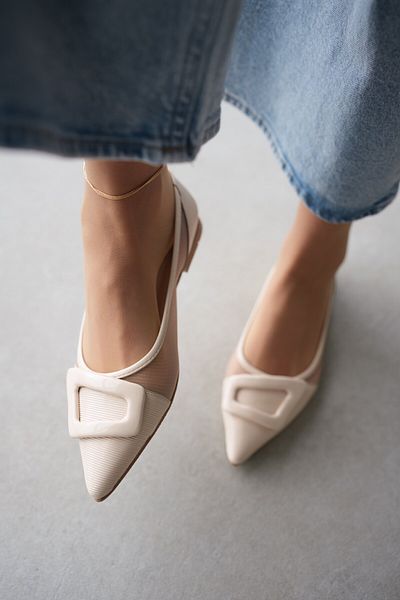 selinshoes Beige Women's Ballerinas - Carla Pointed Toe and Tulle Detail Buckle Accessory