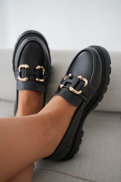 selinshoes Black Women's Loafer with Gold Buckle Accessories and Rafia Band