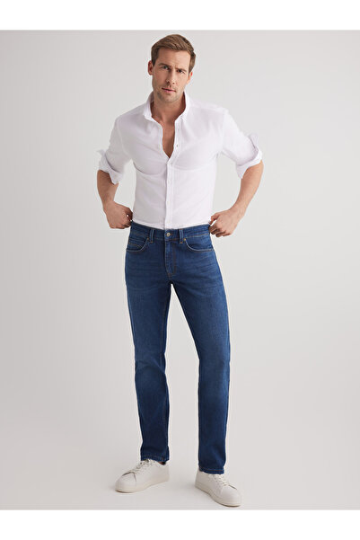 JUD Alex 102 Normal Waist Blue Tapared Slim Jeans pentru bărbați