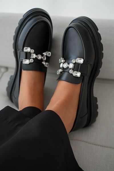 selinshoes Sare Low-Sole Stone Detailed Women's Loafer - Black