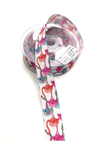 Hobigram Λευκή κορδέλα Grosgrain με σχέδιο Flamingo 2,5 cm – Κορδέλα
