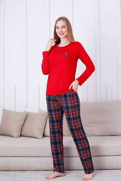 ALİMER Women's Red Plaid Pattern Crew Neck 3-Button Viscose Long Sleeve Seasonal Pajamas Set with Pockets