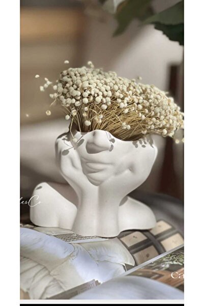 ALMİSH Soyut Yüz Beton Dekoratif Obje, Vazo  Beyaz